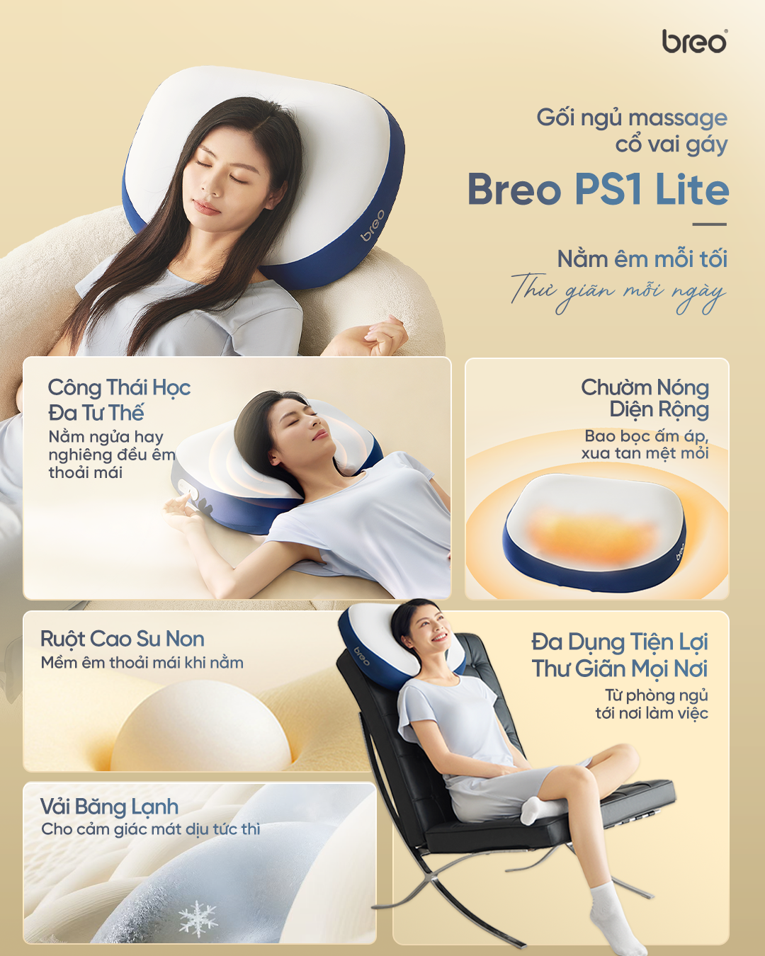 Gối Ngủ Massage Cổ Vai Gáy Breo PS1 Lite 27 PS1 LITE